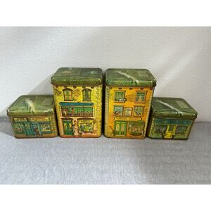 Vintage Cheinco Collectible Village Shops Tin Kitchen Storage Canisters Set of 4